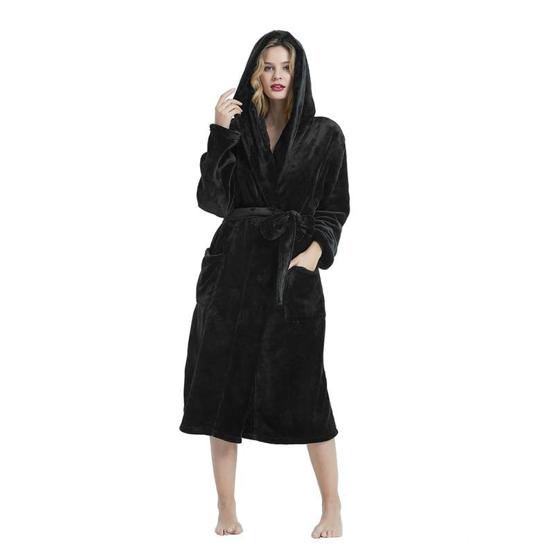 HEARTNICE Womens Hooded Fleece Robe, Soft Plush Bathrobe for Womens, Fluffy Cute Long House Coat (Black Hooded, L/XL) - Image 4